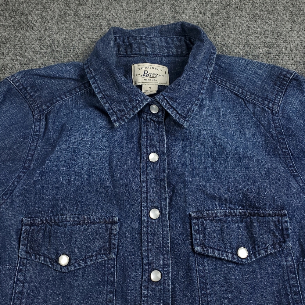 GH Bass Denim Western Jean Shirt Womens Small Pearl Snap Distressed Ranch Rodeo - Picture 5 of 10